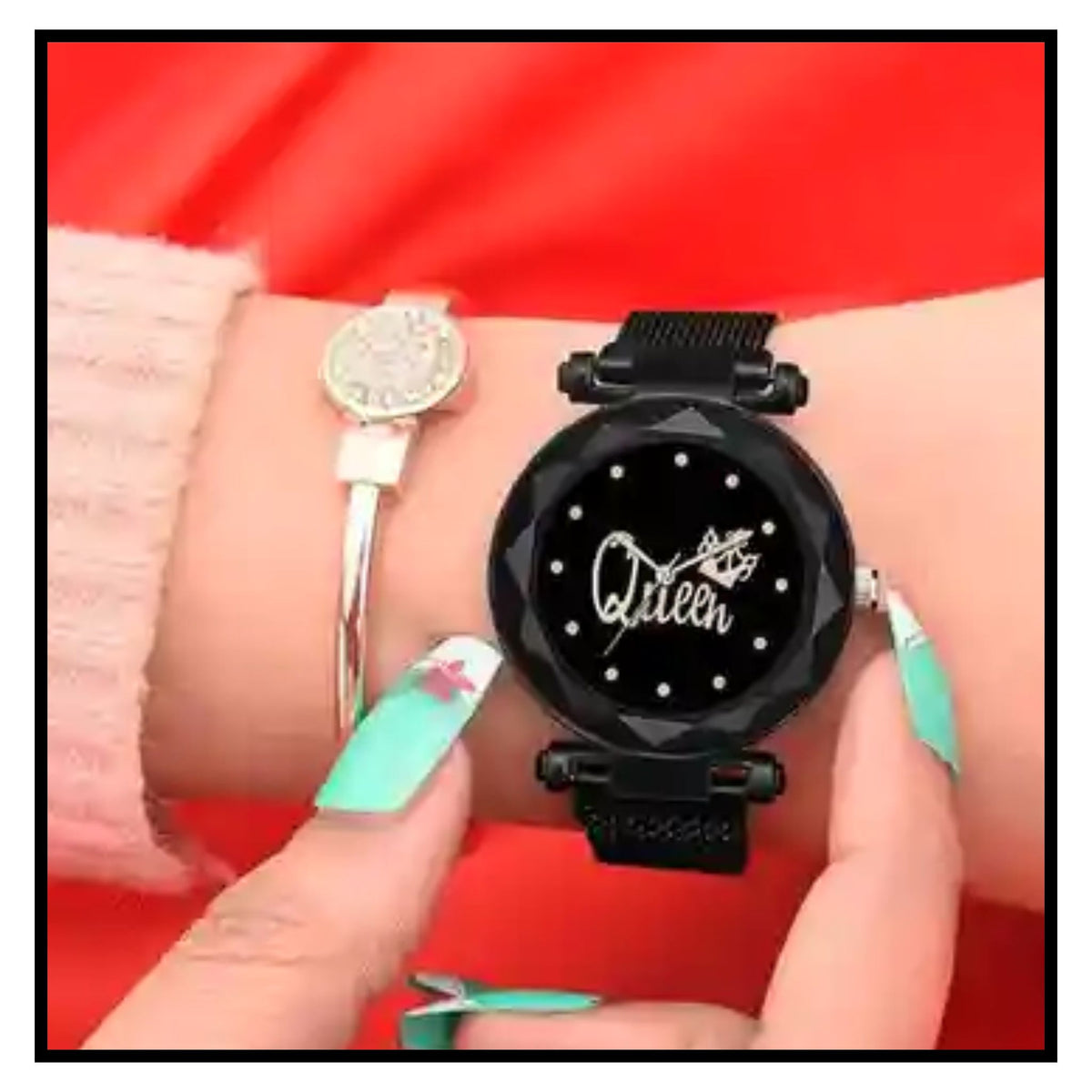 Black Queen Analog Watch With Braclet And A Butterfly Pendent Combo Set