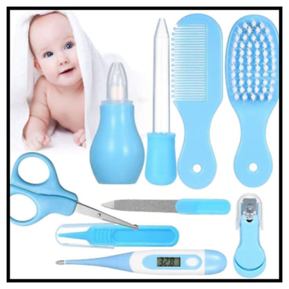 Light blue 10 in 1 baby care grooming set with brush comb scissors nasal aspirator and thermometer with baby photo