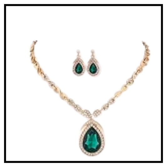 Oval Green Crystal Pendant Necklace Set