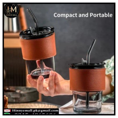 Glass Coffee Mug with Straw 450ML