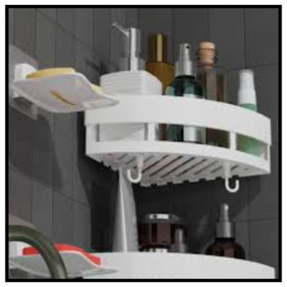 Diamond Shape Plastic Bathroom Corner Shelf Organizer Stand Wall Mounted Bathroom Accessories with Hooks Plastic Wall Shelf (White) (Round Corner Shelf, Pack of 1)