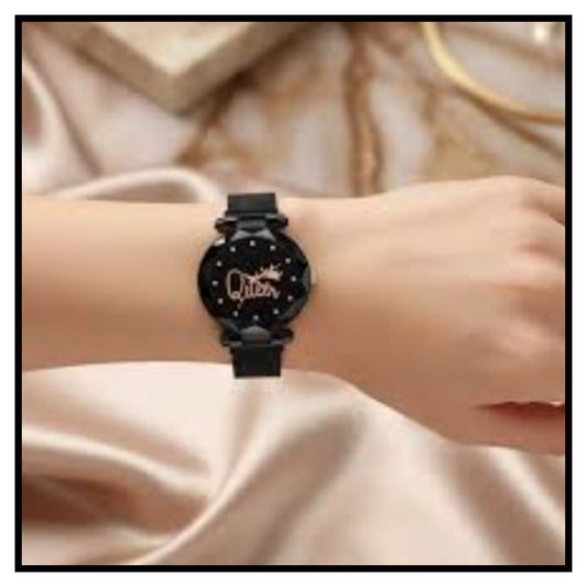 Black Queen Analog Watch With Braclet And A Butterfly Pendent Combo Set