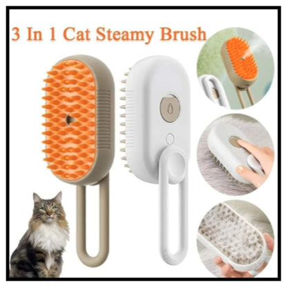 3 in 1 cat steamy brush set with orange silicone bristles and beige handle with hanging loop showing product views grooming a cat and fur cleaning detail
