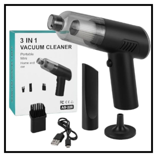 A 3-in-1 portable mini vacuum cleaner kit shown with its retail box black handheld unit nozzle attachment charging cable and base stand on a white background