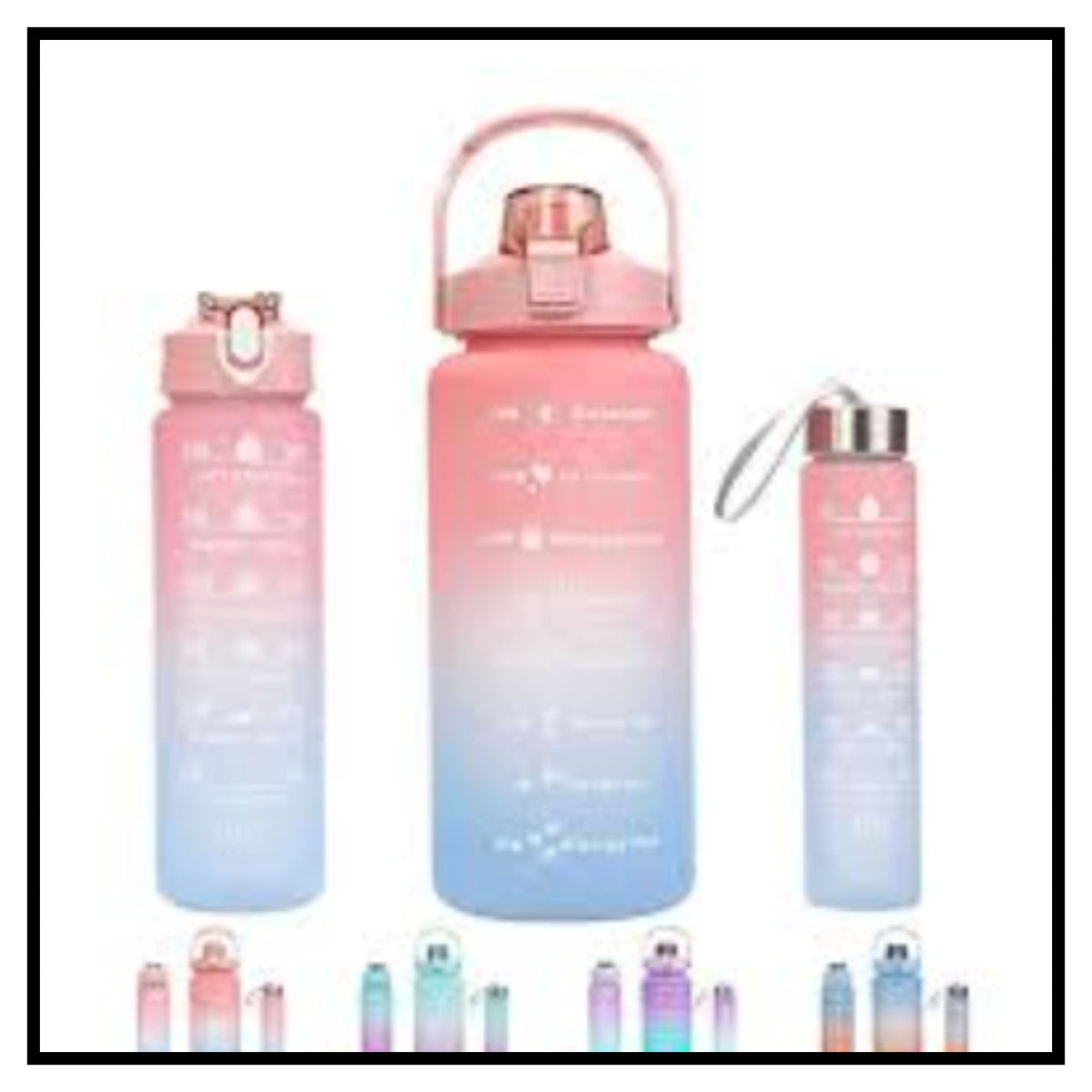 Three pink to blue gradient motivational water bottles in different sizes with time markers displayed on white background