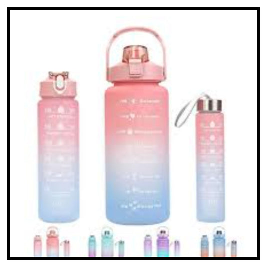 Three pink to blue gradient motivational water bottles in different sizes with time markers displayed on white background