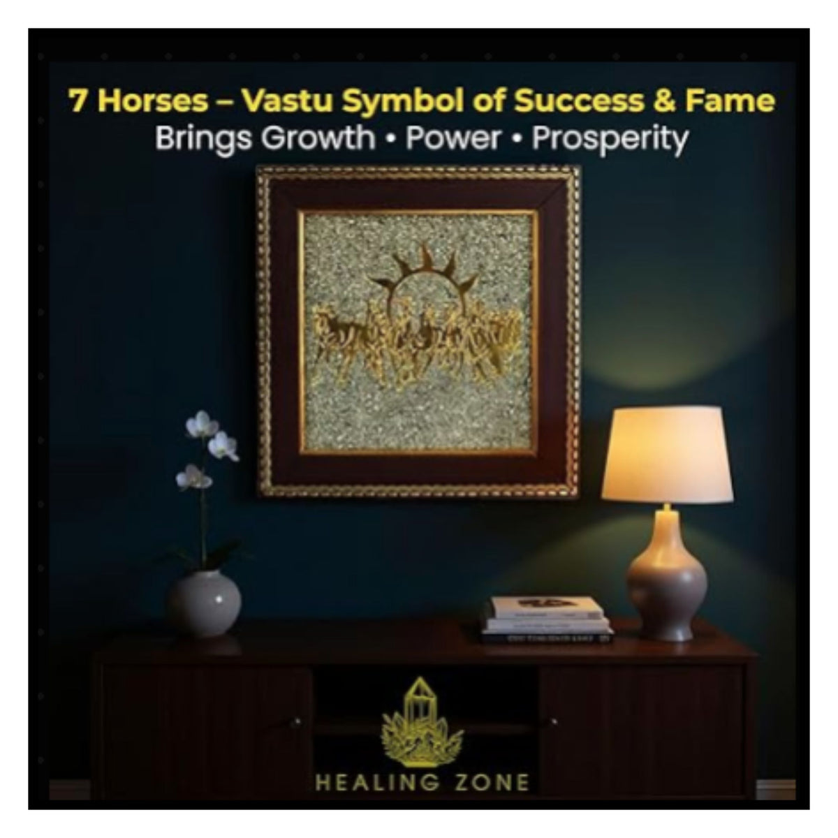 7 Horses on Raw Pyrite Frame – Vastu Seven Horses Wall Decor with Natural Pyrite Stone