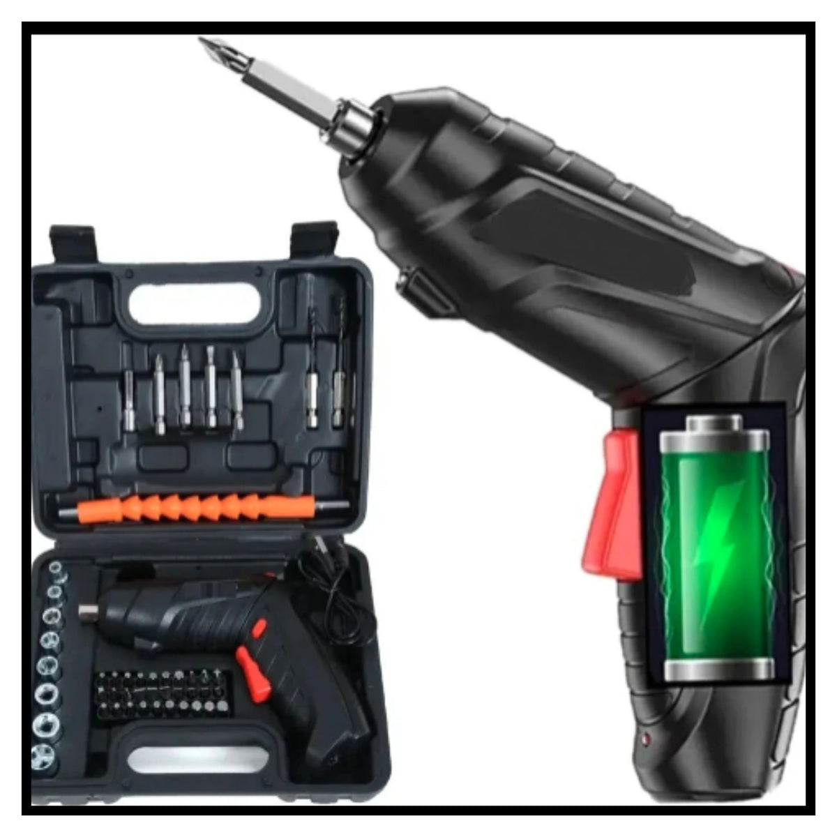 Cordless electric screwdriver drill with storage case and screwdriver bits with battery graphic overlay
