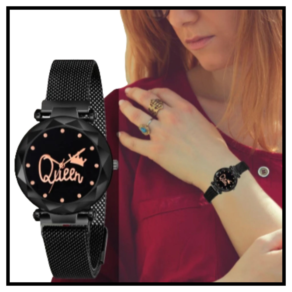 Black Queen Analog Watch With Braclet And A Butterfly Pendent Combo Set