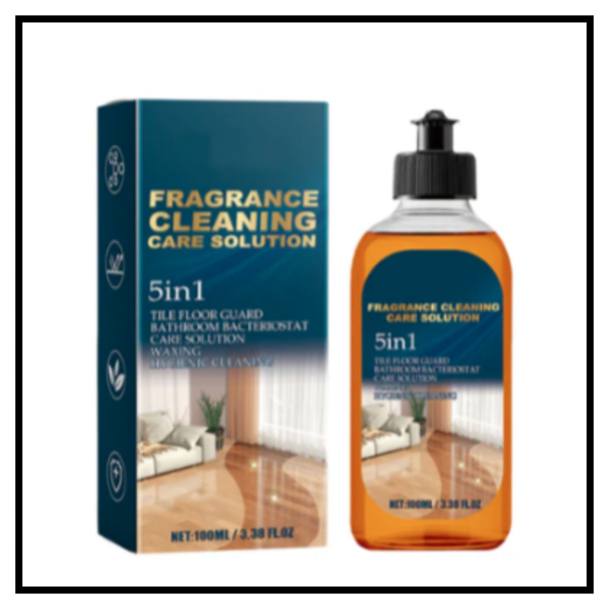 Bottle and box of 5-in-1 fragrance cleaning care solution for tile floors shown on plain white background with black border and orange liquid inside bottle
