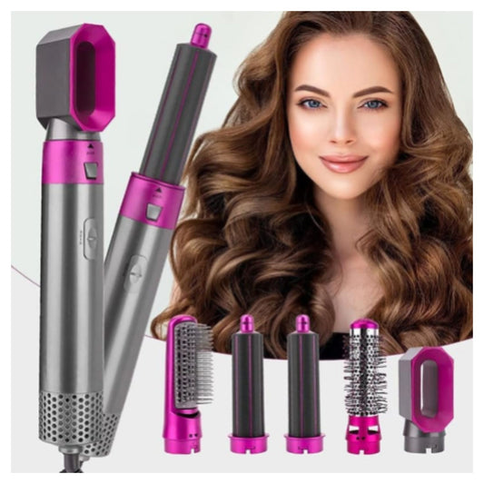 5 in 1 Hair Styler Pink Silver - Hot Air Brush Airwrap Styler for Drying Curling Straightening Volumizing