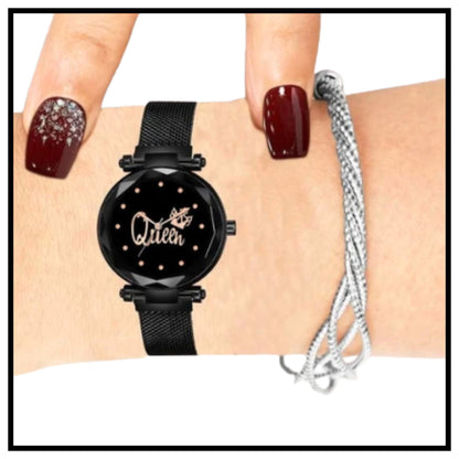 Black Queen Analog Watch With Braclet And A Butterfly Pendent Combo Set