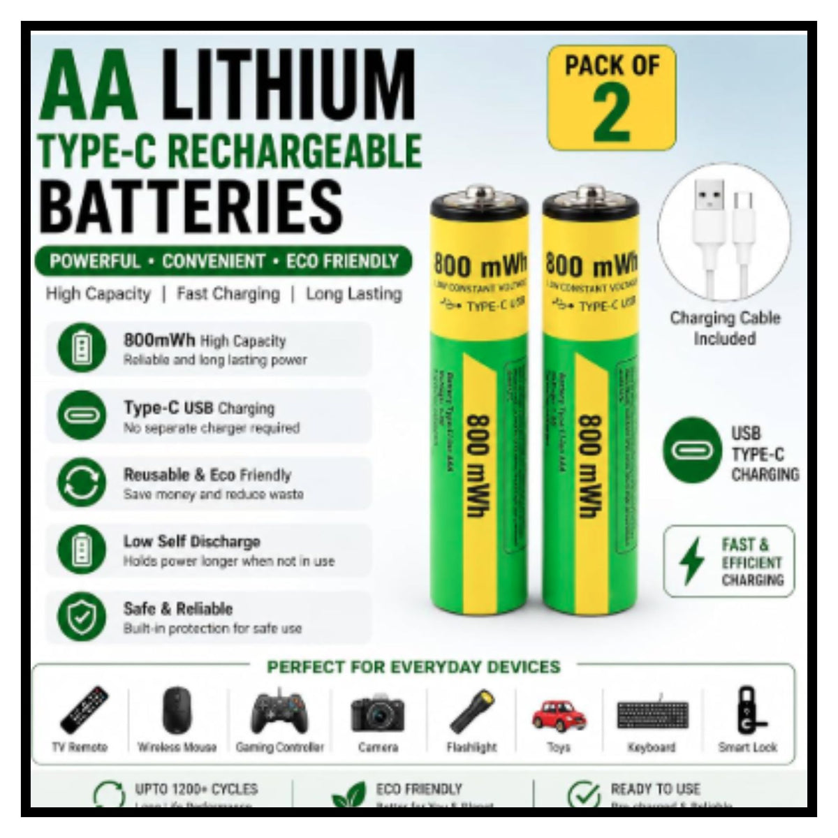 Type C Rechargeable Batteries(Pack of 2)
