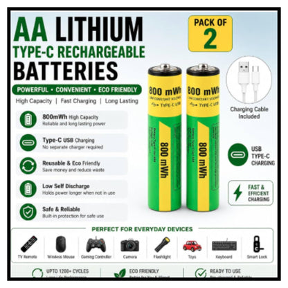 Type C Rechargeable Batteries(Pack of 2)