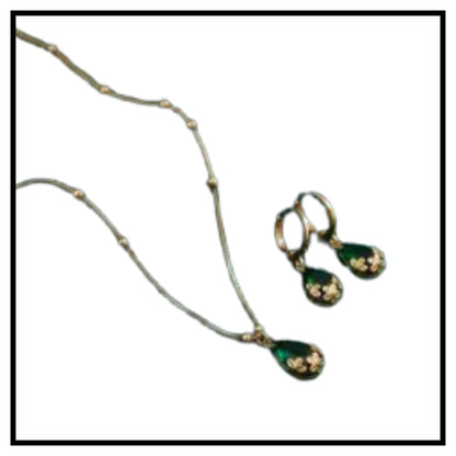 Oval Green Crystal Pendant Necklace Set