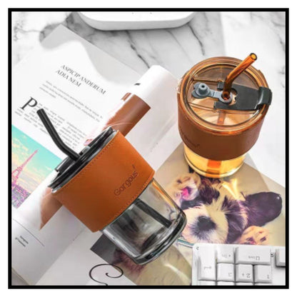 Glass Coffee Mug with Straw 450ML