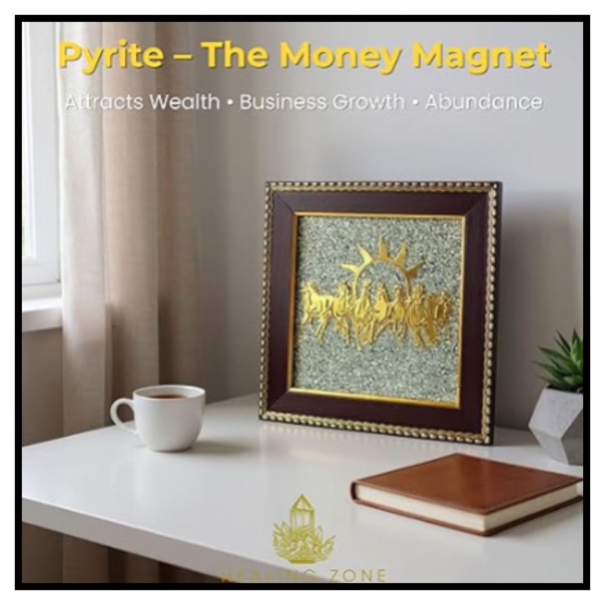 Pyrite money magnet framed wall art with gold sunburst on white table with coffee mug book plant