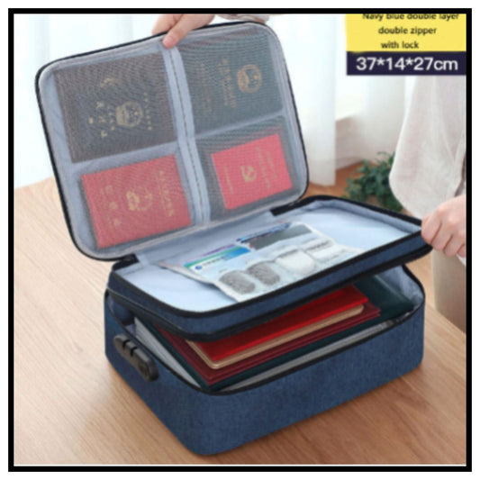 🔒 Waterproof Document Storage Bag – Navy Blue Double Layer Certificate Organizer Bag with Combination Lock Open Showing Passports and Files Inside 37x14x27cm