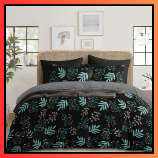 🖤 Black Teal Green Floral Double Bedsheet with Black Base and Teal White Floral Print on Double Bed with 2 Matching Pillow Covers