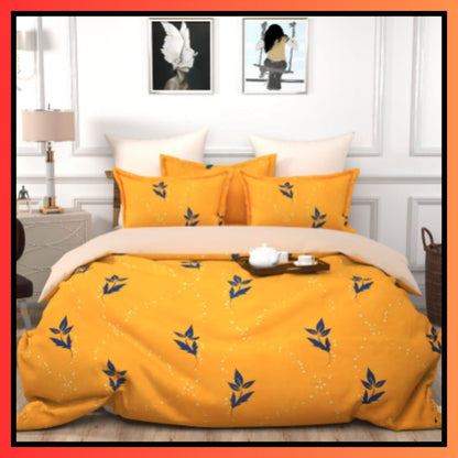 💛 Mustard Yellow Leaf Double Bedsheet with Blue Leaf Design on Double Bed with 2 Designer Yellow Pillow Covers