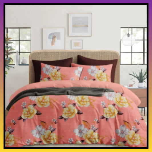 🌸 Peach Pink Floral Double Bedsheet with Yellow and Pink Flowers on Double Bed with 2 Pillow Covers