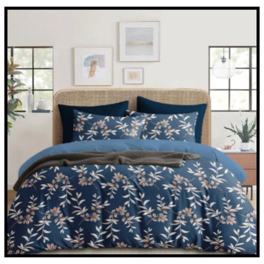 💙 Royal Blue Floral Double Bedsheet – Double Bed with Matching Pillow Covers in Modern Bedroom