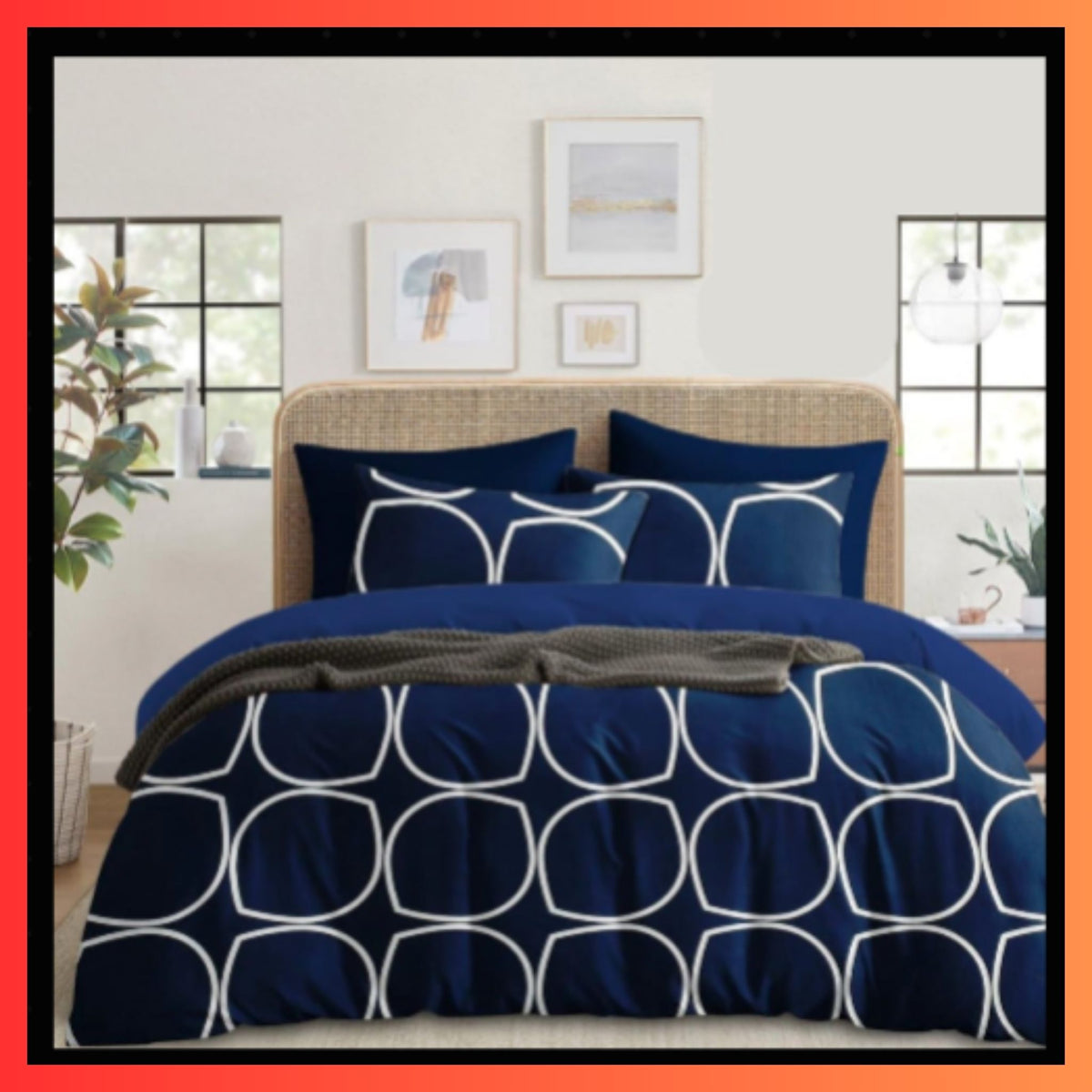 💙 Royal Blue Geometric Double Bedsheet with Blue and White Modern Pattern on Double Bed with 2 Designer Pillow Covers