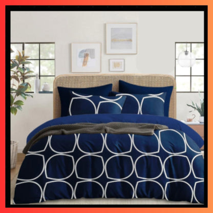 💙 Royal Blue Geometric Double Bedsheet with Blue and White Modern Pattern on Double Bed with 2 Designer Pillow Covers