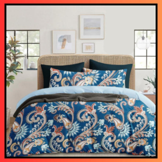 💙 Royal Blue Orange Paisley Double Bedsheet with Traditional Paisley Print with Orange Touch on Double Bed with 2 Matching Pillow Covers