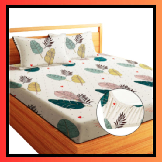 🤍 White Pastel Leaf Elastic Fitted Bedsheet with Green & Pink Tropical Leaf Print on King Size Bed with 2 Matching Pillow Covers