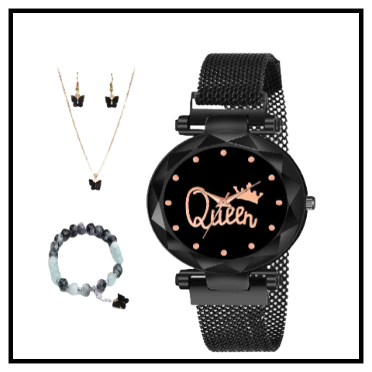 👑 Black Queen Analog Watch Combo Set – Black Mesh Watch with Queen Dial, Butterfly Pendant Necklace, Earrings and Beaded Bracelet for Women