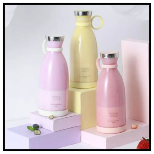 🥤 Travel Portable Mini Juice Blender – Three Insulated Water Bottles in Pastel Pink Pale Yellow and Pink Tones Arranged on Pastel Display Blocks with White Background