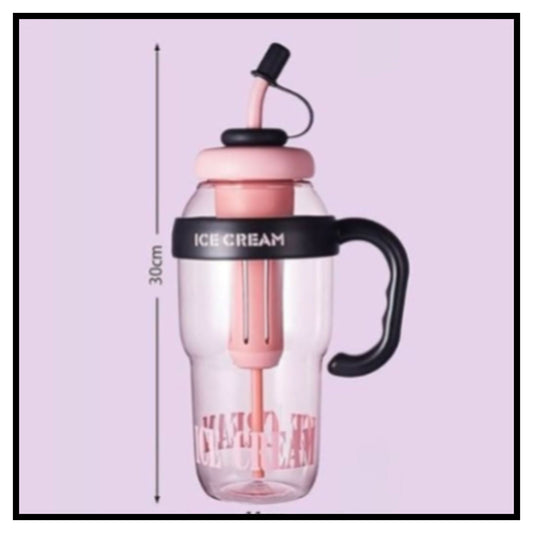🍦 Ice Cream Bottle – Pink Transparent 30cm Ice Cream Shaped Sipper Bottle with Black Handle and Straw with Ice Cream Text Band