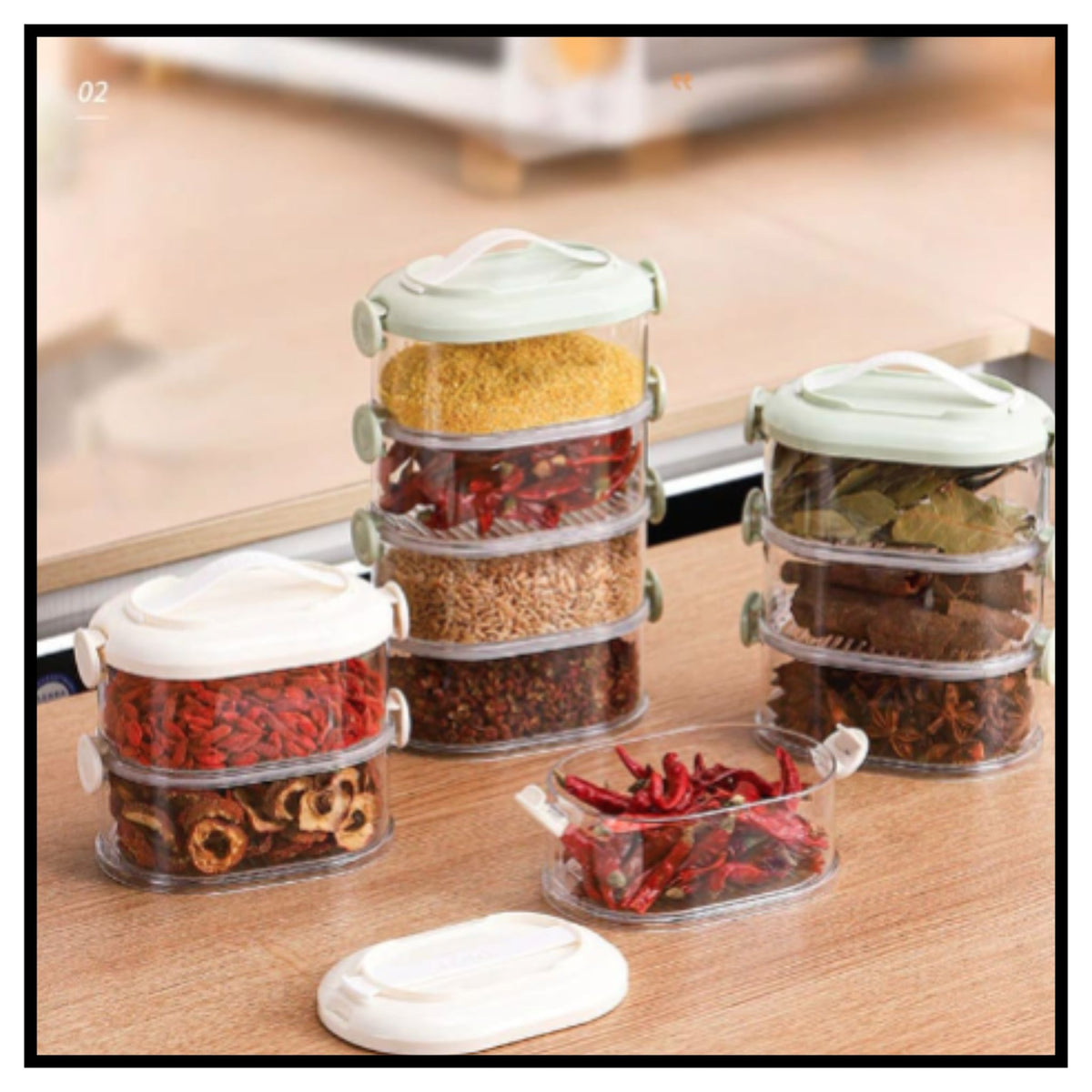 🫙 FreshLock 5-Layer Sealed Spice Tower – Clear Stackable Masala Storage Containers with Light Green Lids Filled with Red Chillies and Spices on Wooden Kitchen Counter