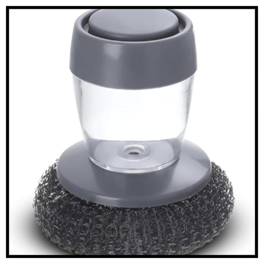 🧽 Soap Dispensing Dish Brush – Gray and Clear Handheld Kitchen Scrubber with Built-in Soap Reservoir and Stainless Steel Wire Scrubber Pad on White Background