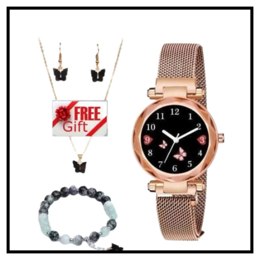 ⌚ Butterfly Designer Women's Analog Watch with Bracelet Combo Set – Rose Gold Butterfly Dial Watch with Matching Bracelet for Girls