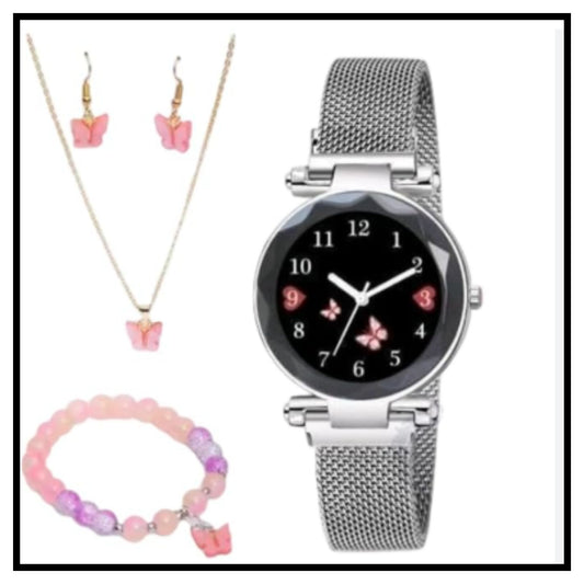 🦋 Women's Butterfly Design Analog Watch Combo Set – Black Dial Butterfly Watch with Pink Beaded Bracelet, Butterfly Necklace and Earrings for Women