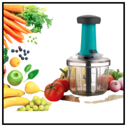 🔪 Portable Manual Vegetable Chopper – Turquoise Handle Hand Press Food Chopper with Clear Bowl Surrounded by Fresh Fruits Vegetables Carrots Tomato Apple on White Background