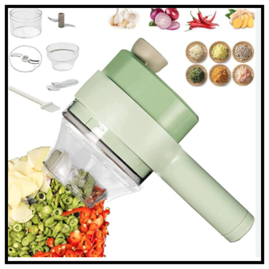 🔪 In4-in-1 Electric Vegetable Cutter – Light Green Handheld Wireless Vegetable Chopper with Clear Container Chopping Green Onions and Chillies with 4-in-1 Blades and Ingredients Displayed