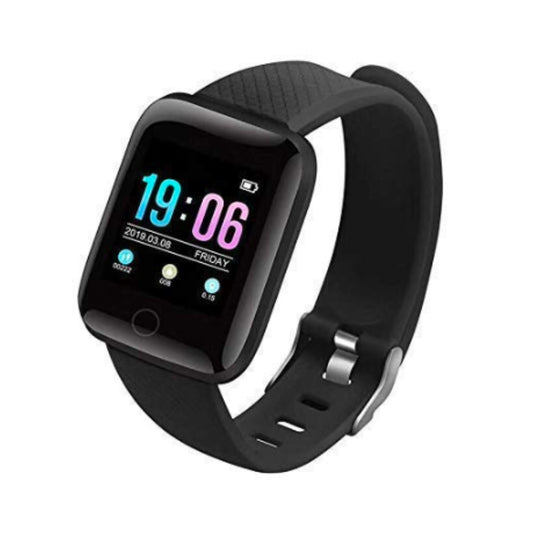 Black D116 fitness smartwatch with rectangular digital display showing time 19:06 on white background