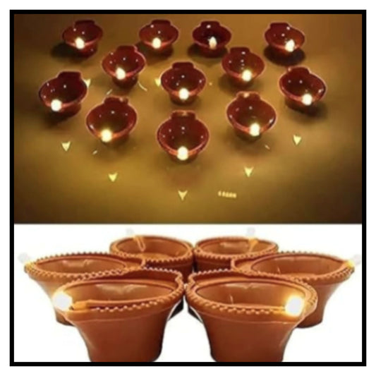 🪔 Water Sensor Diya for Electricity Pack of 18 – Top Image Shows 12 Brown LED Water Diyas Glowing with Warm Light on Dark Reflective Surface Bottom Image Shows 5 Unlit Terracotta Colored Plastic Diyas