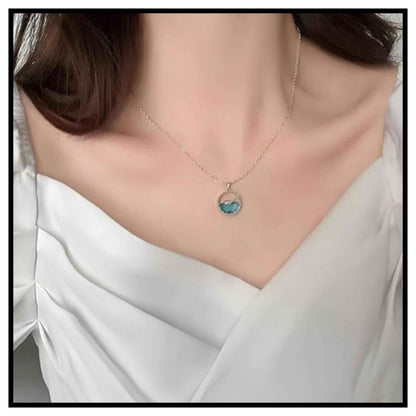 🐬 Elegant Ocean Theme Dolphin Pendant Necklace – Silver Chain with Blue Enamel Circular Dolphin Pendant for Women