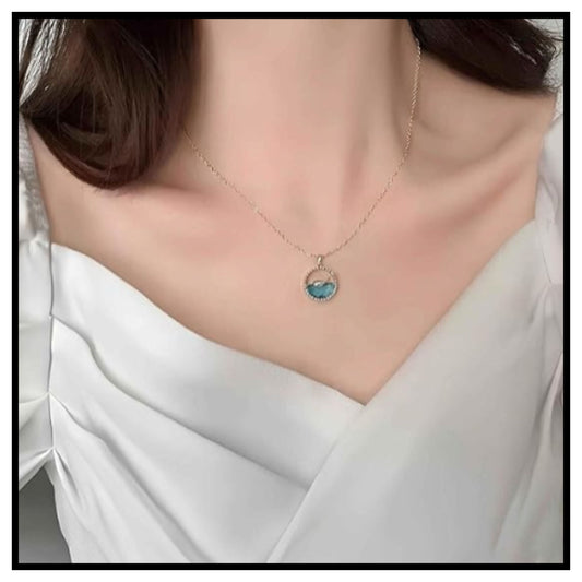 🐬 Elegant Ocean Theme Dolphin Pendant Necklace – Silver Chain with Blue Enamel Circular Dolphin Pendant for Women