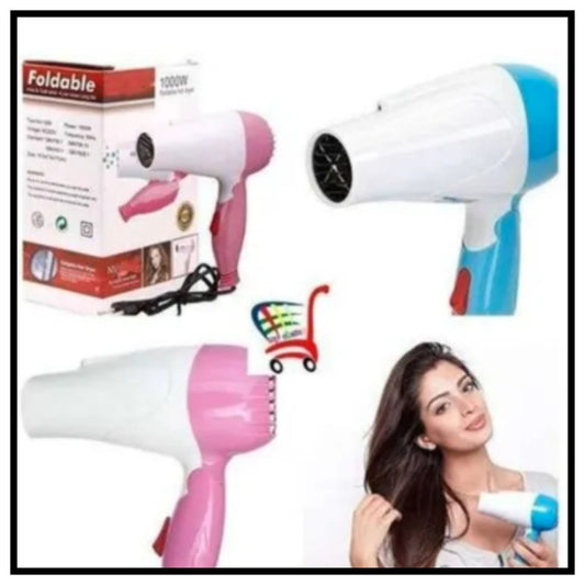 💨 Professional Folding Hair Dryer 2 Speed Control – Collage Showing a Foldable Hair Dryer in Two Color Options Pink and Blue Includes Product Box the Unfolded Dryer a Shopping Cart Icon and a Woman Demonstrating the Hair Dryer on Her Hair