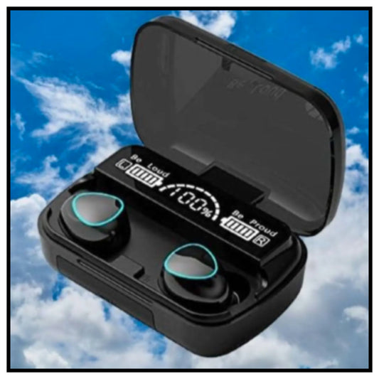 🎧 Wireless Earbuds – Black M10 TWS Earbuds with Cyan Light Ring Inside Open Charging Case Showing 100% LED Battery Display Against Blue Sky