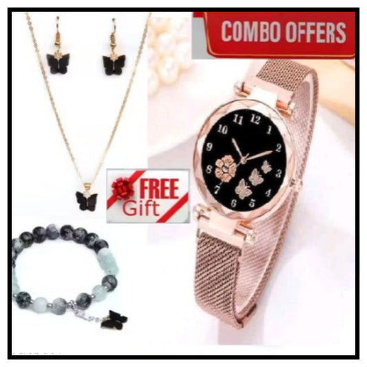 🌸 Flower Designer Women's Analog Watch Combo Set – Rose Gold Mesh Watch with Black Floral Dial, Butterfly Pendant Necklace and Beaded Bracelet