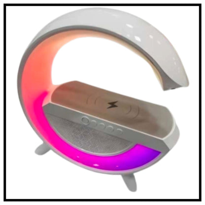 🌈 3-in-1 G Shape Magic Lamp – Wireless Charging Bluetooth Speaker with RGB Mood Light Showing Pink Purple Glow on White Background