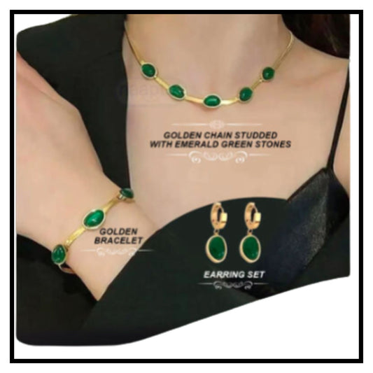 💚 Oval Green Crystal Pendant Necklace Set – Gold Chain with Emerald Green Stones, Bracelet and Earrings Set for Women