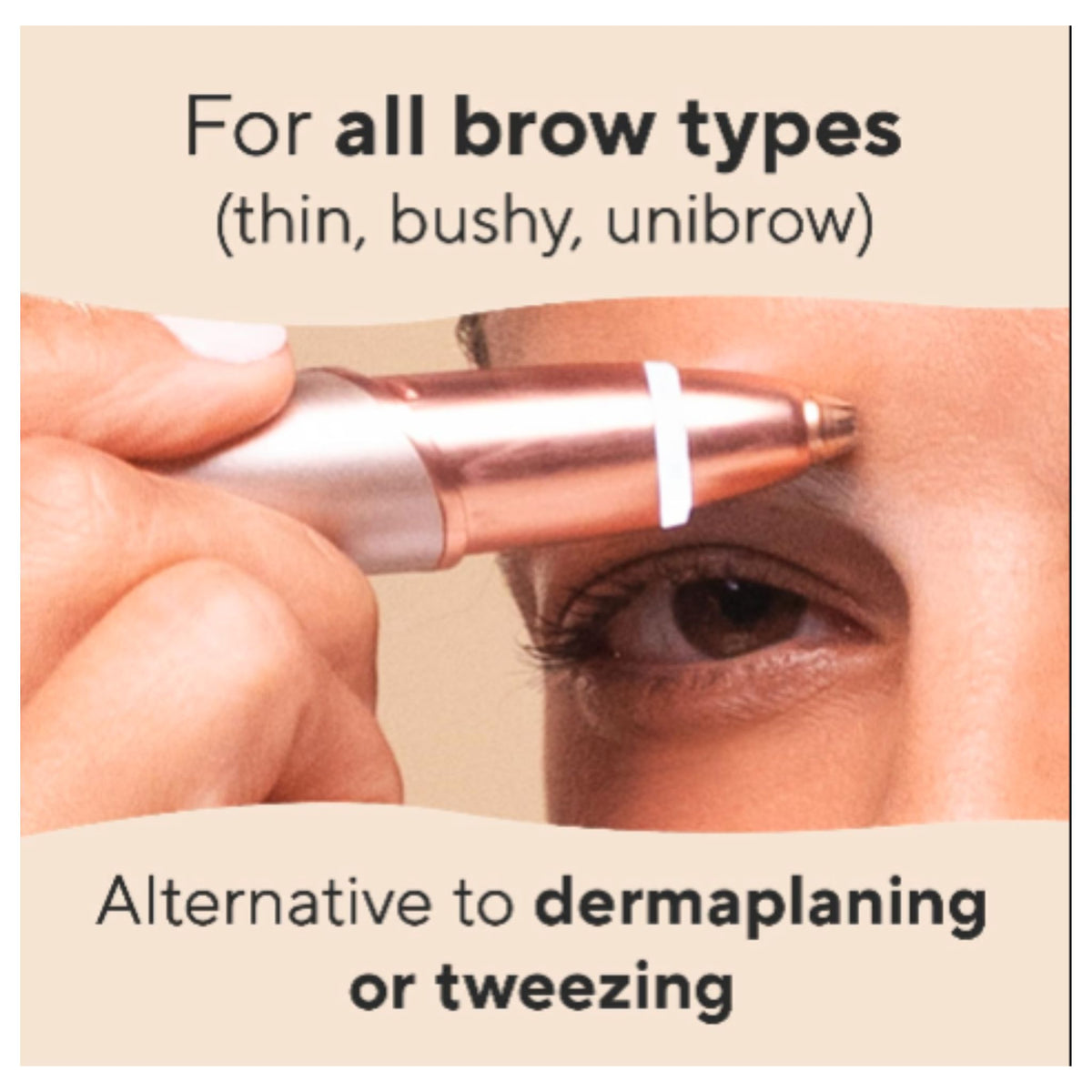 Close up of woman using rose gold eyebrow grooming device for all brow types thin bushy unibrow