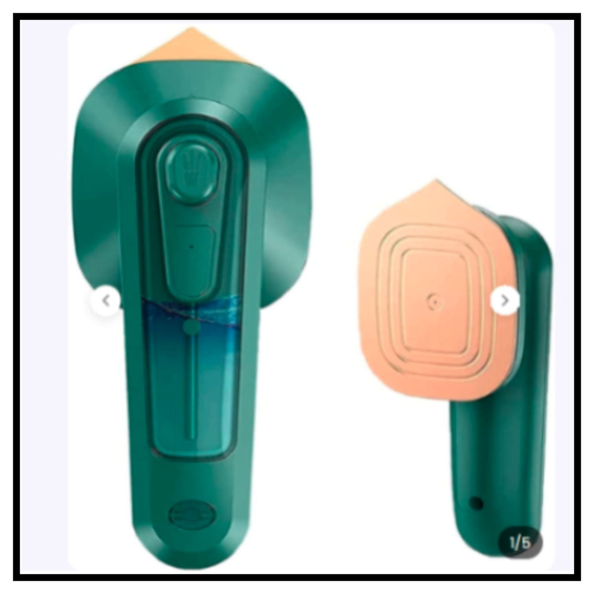 ♨️ Portable Micro Steam Iron – Green Handheld Mini Garment Steamer with Transparent Blue Water Tank and Peach Ironing Plate Shown from Front and Bottom Angles